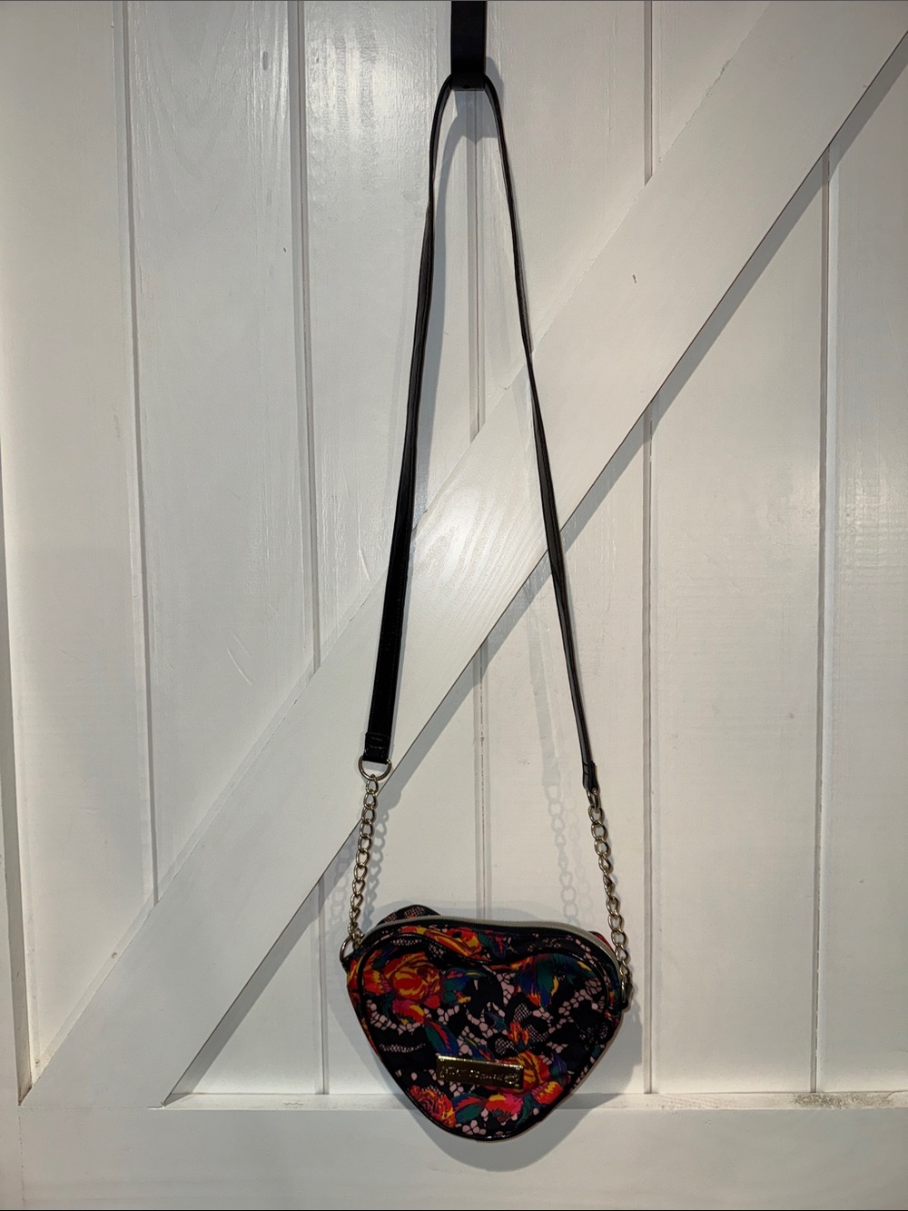 Betsey Johnson Heart Shaped Floral Crossbody Bag Purse